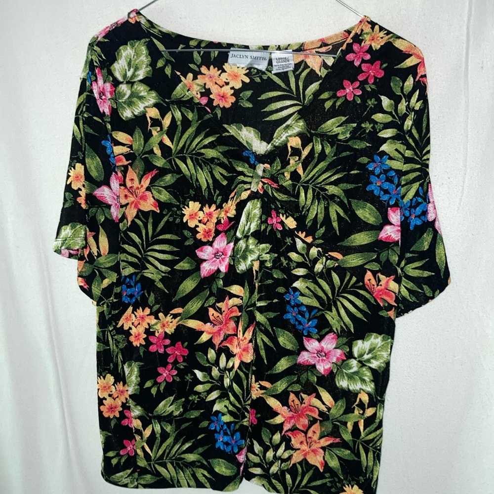 Jaclyn Smith Black Floral Blouse with Pink and Blue Accents